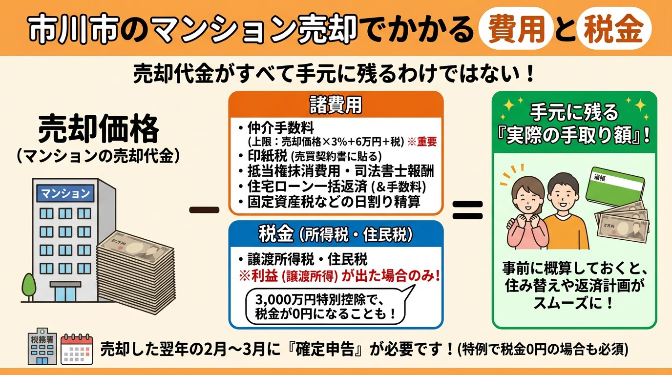 市川市のマンション売却でかかる費用と税金：売却価格から仲介手数料・印紙税・抵当権抹消費用・ローン一括返済・固定資産税の精算と、利益が出た場合の税金を引いたものが手取り額