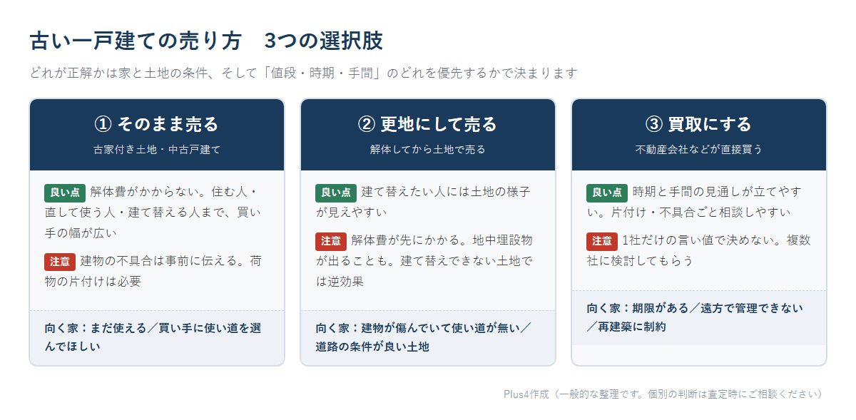 古い一戸建ての売り方3つ（そのまま売る・更地にして売る・買取にする）の良い点と注意点、向く家
